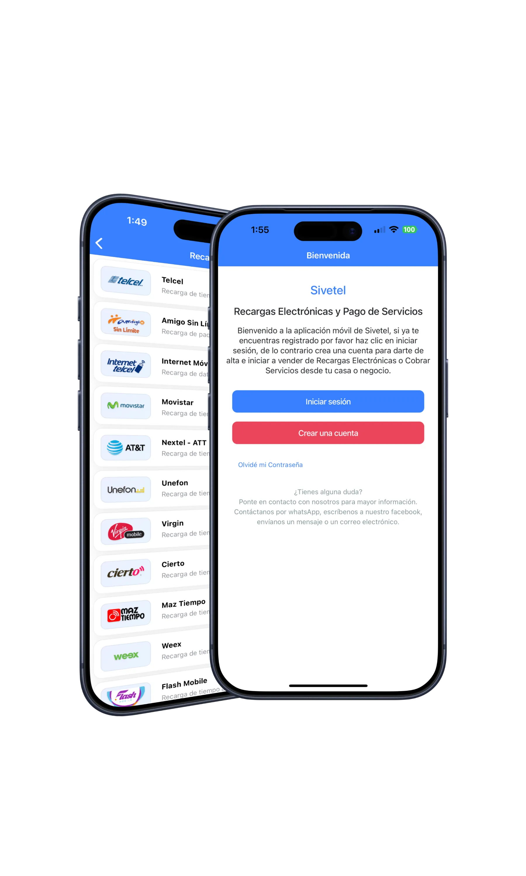 Pantalla de la app Sivetel