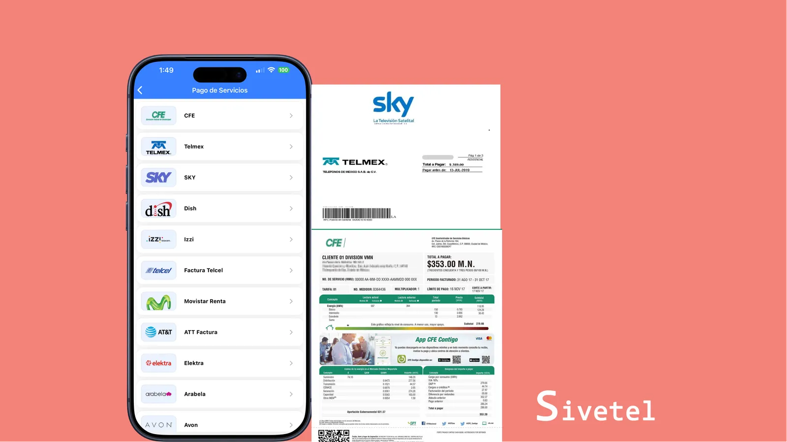 Diseño de un celular con recibos de servicios